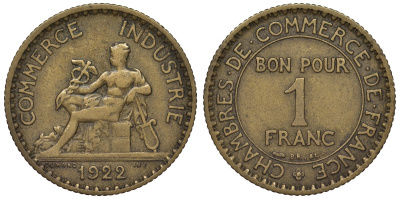 Франция 1 франк 1922 тип Chambres de Commerce KM 876, Le Franc 218.4 алюминиевая бронза 4128-256
