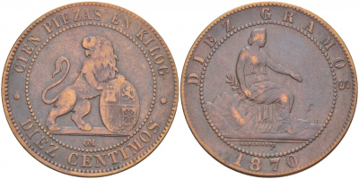 Испания 10 сентимо 1870 ОМ, лев со щитом KM 663 (Y54) медь 111-732