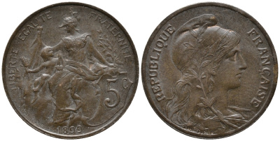 ФРАНЦИЯ 5 САНТИМОВ 1899 ТИП ДАНИЭЛЬ ДЮПЮИ KM 842, LE FRANC 119.7 бронза 34-1223