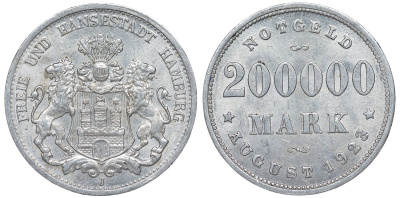 Гамбург 200000 марок 1923 Funck 636.1, Men18 13079.17 алюминий  aUNC 4176-124