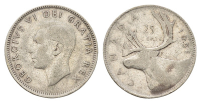 Канада 25 центов 1951 Георг VI (1936-1952), олень KM 44 серебро 181-333