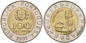 Португалия 100 эскудо 1991 Педру Нуниш (1502-1578), математик KM 645.1 биметалл 261-311