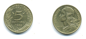 ФРАНЦИЯ 5 САНТИМОВ 1988 ТИП MARIANNE KM 933 медь алюминий никель 84-1552