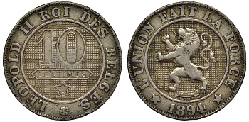 БЕЛЬГИЯ 10 САНТИМОВ 1894 BELGES, ЛЕОПОЛЬД II (1865-1909) KM 42 медно-никель 27-854