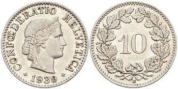 Швейцария 10 раппенов 1939 B KM 27b никель     201-424