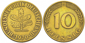 ФРГ 10 ПФЕННИГОВ 1970 J KM 108, J.383 сталь плакированная латунью 3718-742
