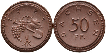 Саксония 50 пфеннигов 1921 виноград и лопата J. N 54 фарфор 1094-5-32