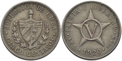 Куба 5 сентаво 1920 звезда, республика (1915-1961) KM 11.1, Y 5, Schoen 5 медно-никель 84-821
