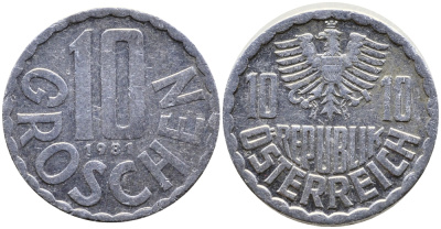 АВСТРИЯ 10 ГРОШЕЙ 1981 KM 2878 алюминий 26-646