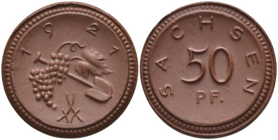 Саксония 50 пфеннигов 1921 виноград и лопата J. N 54 фарфор 1094-5-32