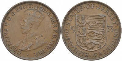 Джерси 1/12 шиллинга 1933 Георг V (1910-1936) KM 16 бронза 4545-325