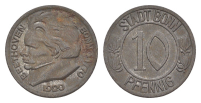 Бонн 10 пфеннигов 1920 Бетховен Funck 51.1A, Men05 3220.1, Men18 4134.1 железо 4643-1038