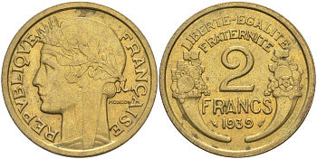 ФРАНЦИЯ 2 ФРАНКА 1939 ТИП MORLON KM 886, LE FRANC 268.12 алюминиевая бронза 3855-211