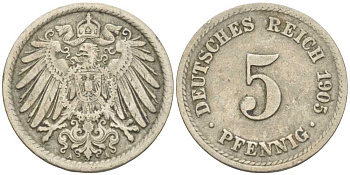 ГЕРМАНИЯ 5 ПФЕННИГОВ 1905 A KM 11, J. 12 медно-никель 105-115