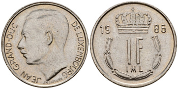Люксембург 1 франк 1986 KM 63 сталь плакированная никелем 4575-725