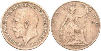 Великобритания 1 фартинг 1920 Георг V (1910-1936) KM 808.2, Spink 4060 бронза 4613-455