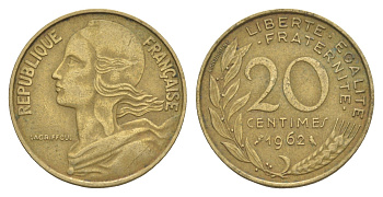 Франция 20 сантимов 1962 KM 930 алюминиевая бронза 4539-413