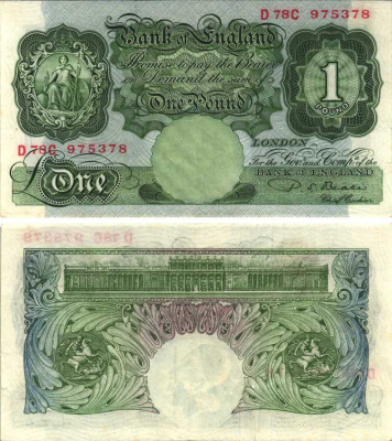 АНГЛИЯ 1 ФУНТ 1949-1955 ЗЕЛЕНЫЙ, ПОДПИСЬ ПОДПИСЬ P.S. BEALE Pick 369b бумага XF 7218-33-1