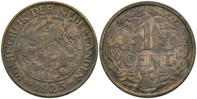 Нидерланды 1 цент 1925 Вильгельмина (1890-1948) KM 152 бронза 4576-1062