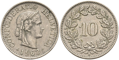 Швейцария 10 раппенов 1962 В KM 27 медно-никель    4152-1137