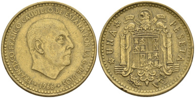 Испания 1 песета 1966 (72) Франсиско Франко (1939 - 1975) KM 796 алюминиевая бронза 4155-412