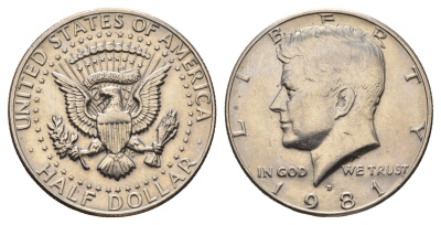 США 1/2 доллара (50 центов) 1981 D, Джон Кеннеди KM A202b медь плакированная медно-никелем UNC 4672-612