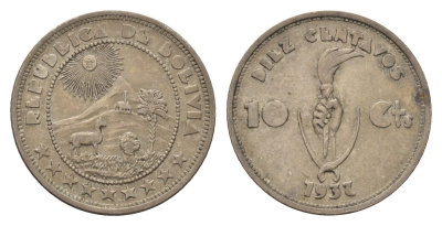 Боливия 10 сентаво 1937 год-тип KM 180 медно-никель 4659-1252