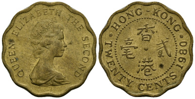 Гонконг 20 центов 1980 королева Елизавета II (1952-) KM 36 никель латунь 4173-1066