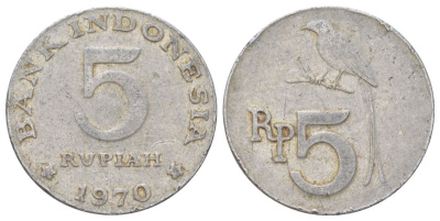 Индонезия 5 рупий 1970 черный дронго KM 22 алюминий 4624-431