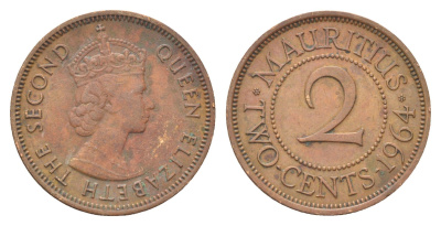 Маврикий 2 цента 1964 Елизавета II (1952-2022) KM 32 бронза 4706-723