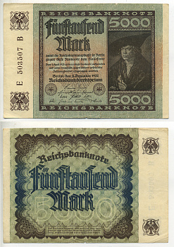 ГЕРМАНИЯ 5000 МАРОК 1922 2 ДЕКАБРЯ 1922, ВОДЯНОЙ ЗНАК Е, В ЗВЁЗДАХ G/D, ДЮРЕР Pick 81а бумага 7552-49-1