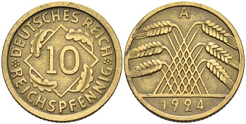 Германия 10 рейхспфеннигов 1924 A KM 40, J.317, Weege 9 алюминиевая бронза 46-728