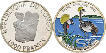 Конго 1000 франков 1997 серия африканская фауна, венценосный журавль, цветная эмаль KM 63 серебро PROOF 04-322-23