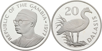 Гамбия 20 даласи 1977 серия защита окружающей среды, шпорцевый гусь, тираж 4404 экз. KM 17а серебро PROOF 1098-1-62