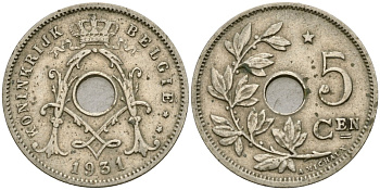 Бельгия 5 сантимов 1931 Belgie KM 67 медно-никель 4136-521