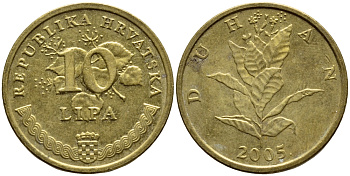 Хорватия 10 лип 2005 табак обыкновенный, легенда на хорватском KM 6 сталь плакированная латунью 4383-141