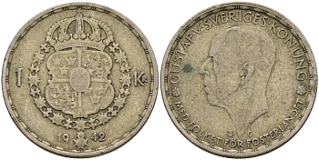 Швеция 1 крона 1942 G, Густав V (1907-1950) KM 814 серебро 4148-954