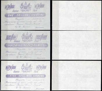 Южная Африка набор из 3 банкнот, 1, 2, 5 шиллингов стерлингов 1899-1902 оплачивается при предъявлении в столовой лагеря военнопленных Green Point Track, Англо-Бурская война (1899-1902), сиреневая печать бумага UNC (пресс) 451-671-1