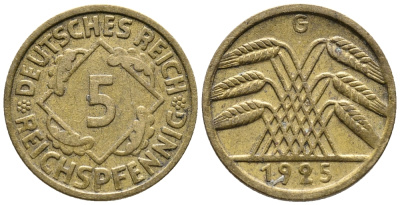 ГЕРМАНИЯ 5 РЕЙХСПФЕННИГОВ 1925 G KM 39, J. 316 алюминиевая бронза 39-537