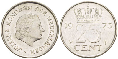НИДЕРЛАНДЫ 25 ЦЕНТОВ 1973 ЮЛИАНА (1948-1980) KM 183 никель 214-967