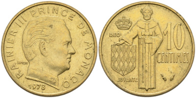 Монако 10 сантимов 1978 Ренье III (1949-2005) KM 142 алюминиевая бронза 4567-627