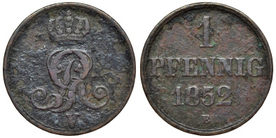 Ганновер 1 пфенниг 1852 B, Георг V, год тип KM 216, AKS 154, J. 82 медь 4594-458