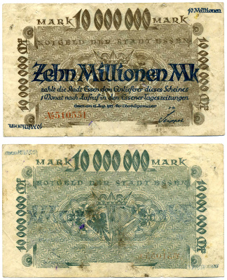 ЭССЕН 10000000 МАРОК (10 МИЛЛИОНОВ) 1923 15 АВГУСТА 1923, СЕРИЯ КРАСНАЯ, НОТГЕЛЬД, КРАСНЫЙ НОМЕР, ЗЕМЛЯ СЕВЕРНЫЙ РЕЙН-ВЕСТФАЛИЯ Arnold Keller 1415d бумага 2193-16-1-2