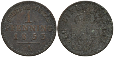 Пруссия 1 пфенниг 1853 A, Фридрих Вильгельм IV (1840-1861) KM 451 медь 4532-147