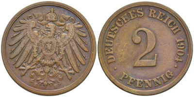 ГЕРМАНИЯ 2 ПФЕННИГА 1904 A KM 16, J. 11, Weege 4 медь 206-464