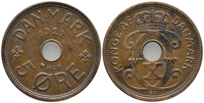 ДАНИЯ 5 ЭРЕ 1927 NCN; GJ, КРИСТИАН X (1912-1947) KM 828.1 бронза 32-1032