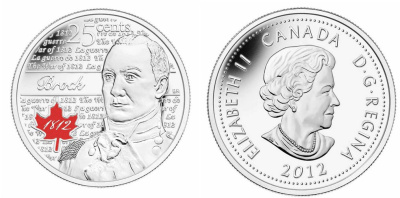Канада 25 центов 2012 серия герои Канады в войне 1812-1815, Айзек Брок, эмаль KM 1322 a никелированная сталь  UNC  M59-13