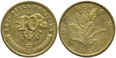 Хорватия 10 лип 2005 табак обыкновенный, легенда на хорватском KM 6 сталь плакированная латунью 4383-141