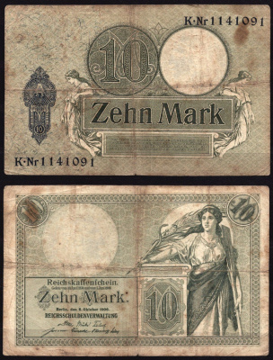 Германия 10 марок 1906 Женщина,аллегорические женщины Pick 9 b бумага 7547-67-1-1