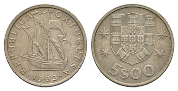 Португалия 5 эскудо 1983 парусник KM 591 медно-никель 4633-411